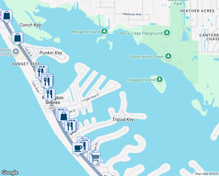 map of restaurants, bars, coffee shops, grocery stores, and more near 238 176th Avenue East in Redington Shores