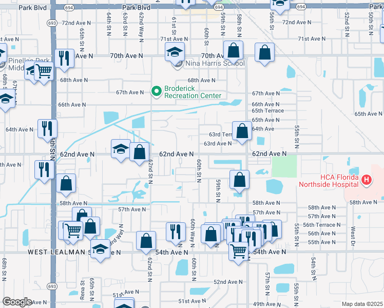 map of restaurants, bars, coffee shops, grocery stores, and more near 6030 62nd Avenue North in Pinellas Park