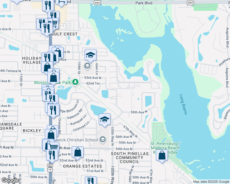 map of restaurants, bars, coffee shops, grocery stores, and more near 6127 100th Way North in St. Petersburg