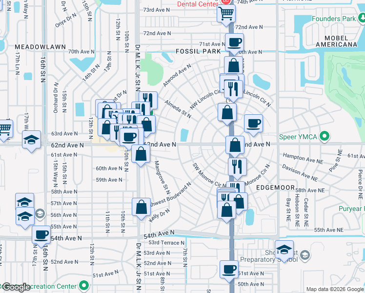 map of restaurants, bars, coffee shops, grocery stores, and more near 262 Southwest Monroe Circle North in St. Petersburg