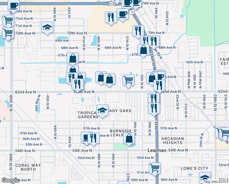 map of restaurants, bars, coffee shops, grocery stores, and more near 3817 62nd Avenue North in Pinellas Park