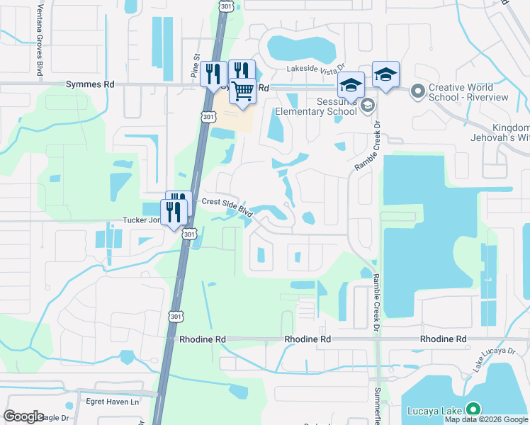map of restaurants, bars, coffee shops, grocery stores, and more near 10916 Winter Crest Drive in Riverview