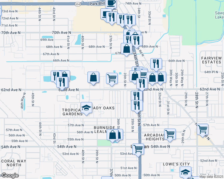 map of restaurants, bars, coffee shops, grocery stores, and more near 3688 62nd Avenue North in St. Petersburg