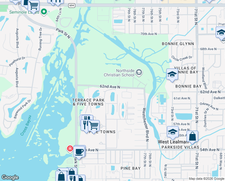 map of restaurants, bars, coffee shops, grocery stores, and more near 6190 80th Street North in St. Petersburg