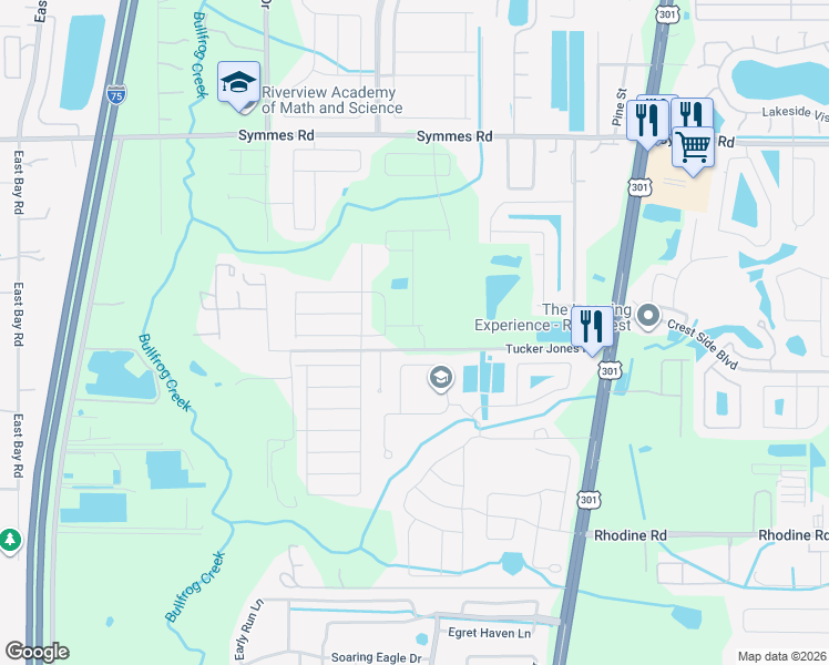 map of restaurants, bars, coffee shops, grocery stores, and more near 10307 Tucker Jones Road in Riverview