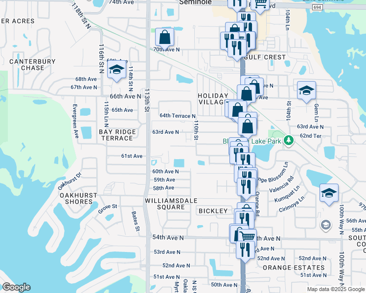 map of restaurants, bars, coffee shops, grocery stores, and more near 11052 63rd Avenue North in Seminole