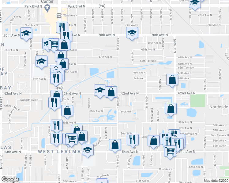 map of restaurants, bars, coffee shops, grocery stores, and more near 6221 62nd Avenue North in Pinellas Park