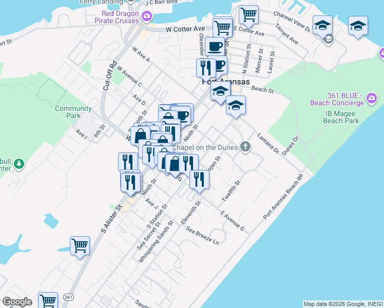 map of restaurants, bars, coffee shops, grocery stores, and more near 500 South Station Street in Port Aransas