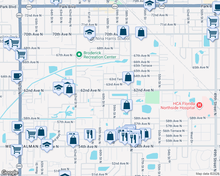 map of restaurants, bars, coffee shops, grocery stores, and more near 5945 62nd Avenue North in Pinellas Park