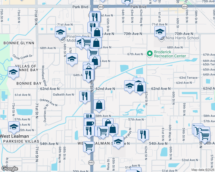 map of restaurants, bars, coffee shops, grocery stores, and more near 6490 62nd Avenue North in Pinellas Park