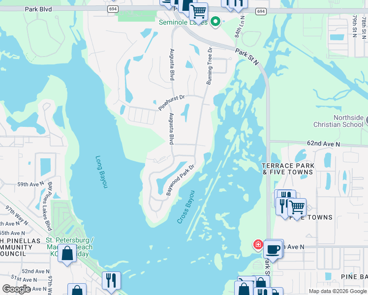 map of restaurants, bars, coffee shops, grocery stores, and more near 8731 Baywood Park Drive in Seminole