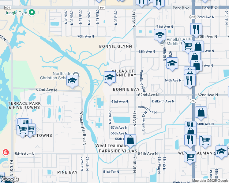 map of restaurants, bars, coffee shops, grocery stores, and more near 7298 62nd Avenue North in Pinellas Park