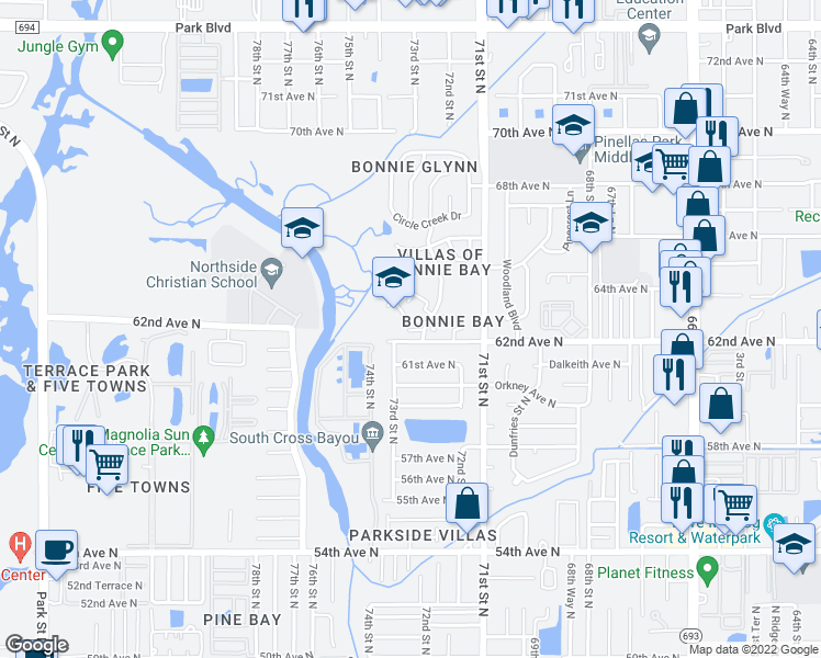 map of restaurants, bars, coffee shops, grocery stores, and more near 7326 Stonehaven Court North in Pinellas Park