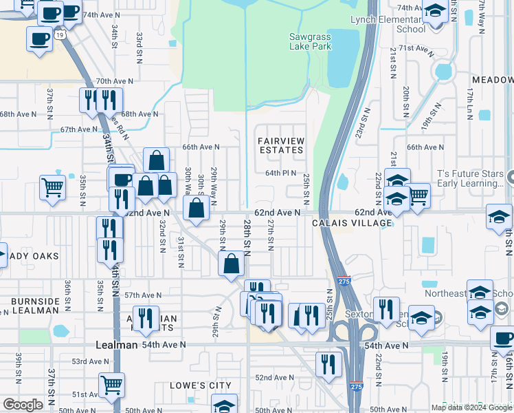 map of restaurants, bars, coffee shops, grocery stores, and more near 2790 62nd Avenue North in St. Petersburg