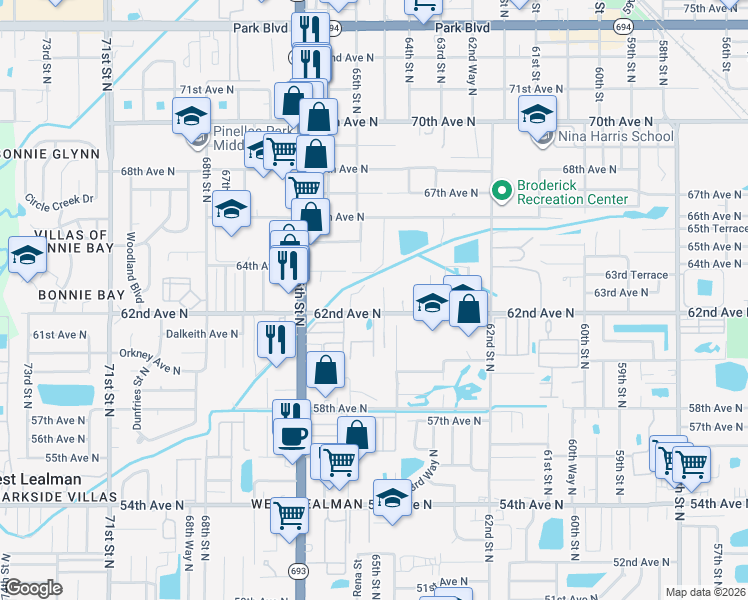 map of restaurants, bars, coffee shops, grocery stores, and more near 6220 64th Way North in Pinellas Park