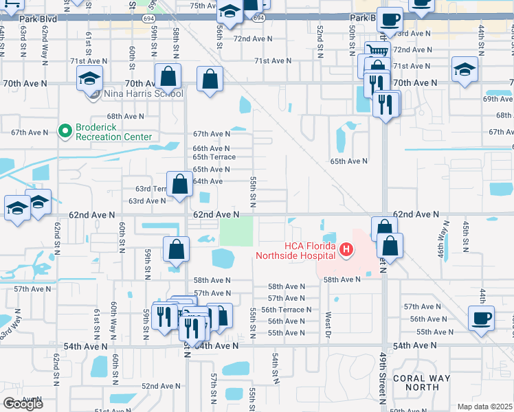 map of restaurants, bars, coffee shops, grocery stores, and more near 5501 62nd Avenue North in Pinellas Park