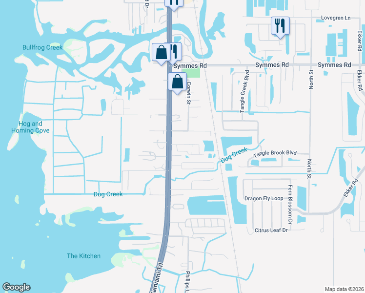 map of restaurants, bars, coffee shops, grocery stores, and more near 6221 Bucket Court in Gibsonton