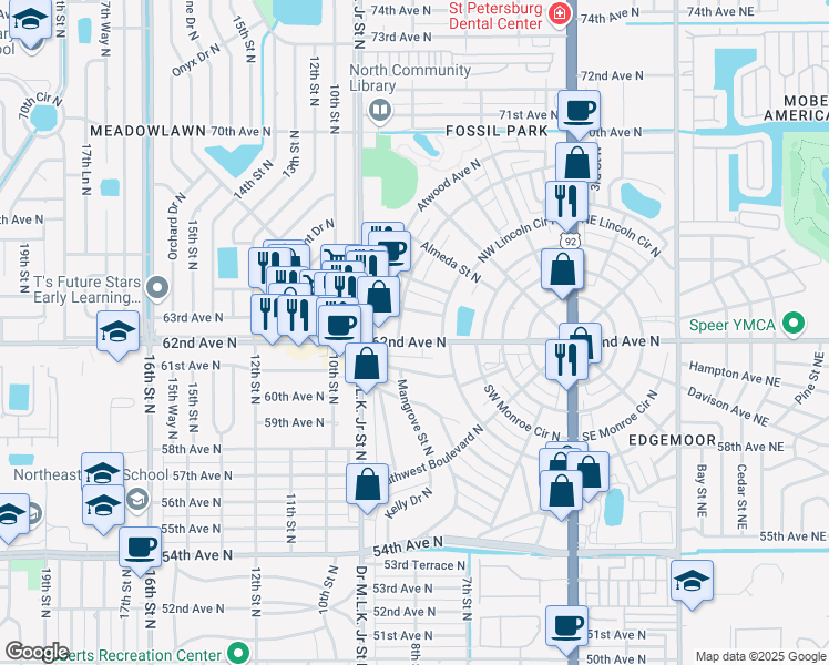 map of restaurants, bars, coffee shops, grocery stores, and more near 769 62nd Avenue North in Saint Petersburg
