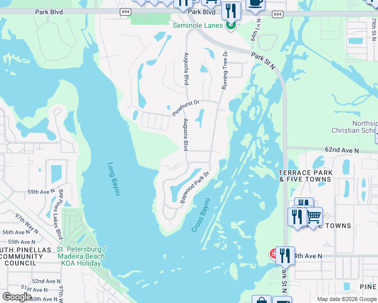 map of restaurants, bars, coffee shops, grocery stores, and more near 6320 Augusta Boulevard in Seminole