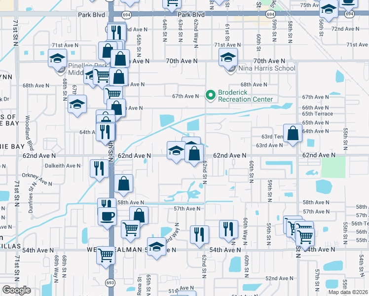 map of restaurants, bars, coffee shops, grocery stores, and more near 6231 63rd Street North in Pinellas Park