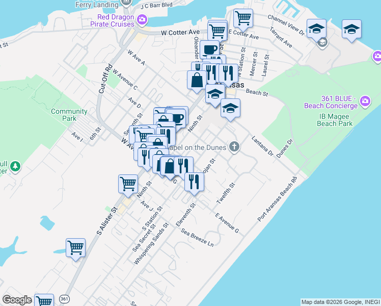 map of restaurants, bars, coffee shops, grocery stores, and more near 310 10th Street in Port Aransas