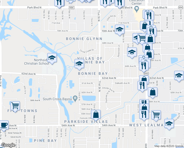 map of restaurants, bars, coffee shops, grocery stores, and more near 6398 Bonnie Bay Circle North in Pinellas Park