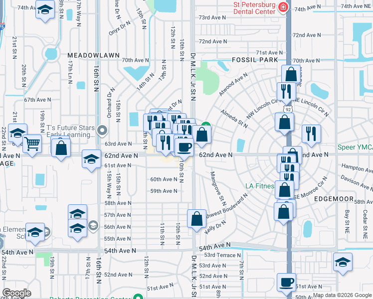 map of restaurants, bars, coffee shops, grocery stores, and more near 6329 Doctor Martin Luther King Junior Street North in St. Petersburg