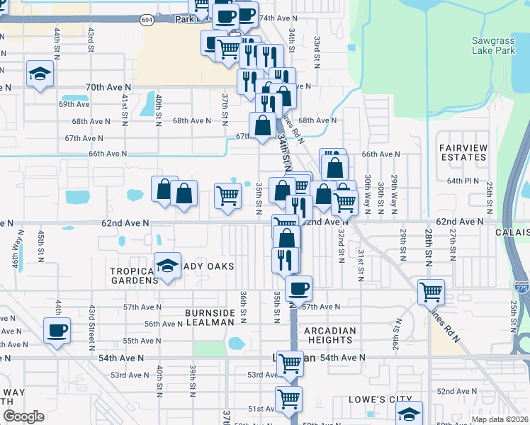 map of restaurants, bars, coffee shops, grocery stores, and more near 3491 62nd Avenue North in Pinellas Park