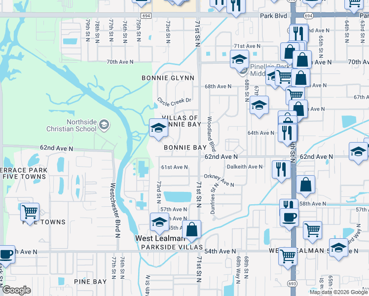 map of restaurants, bars, coffee shops, grocery stores, and more near 6375 Bonnie Bay Circle North in Pinellas Park