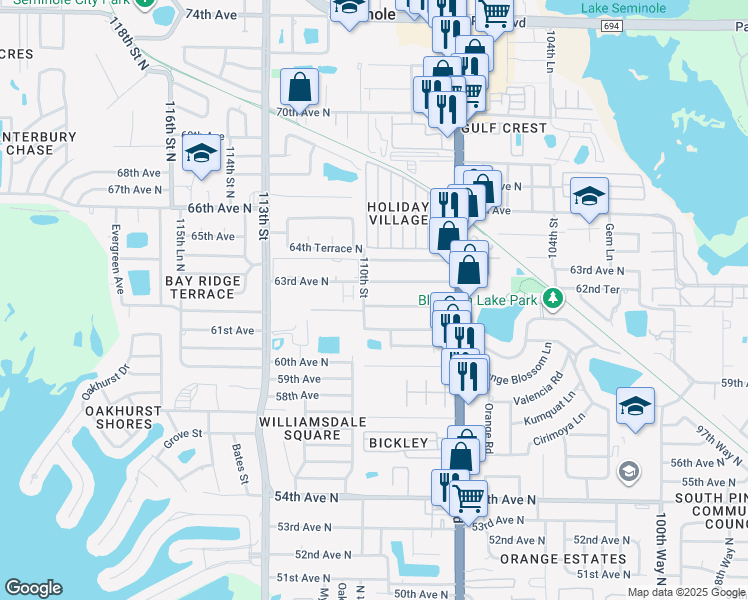 map of restaurants, bars, coffee shops, grocery stores, and more near 10961 62nd Avenue North in Seminole