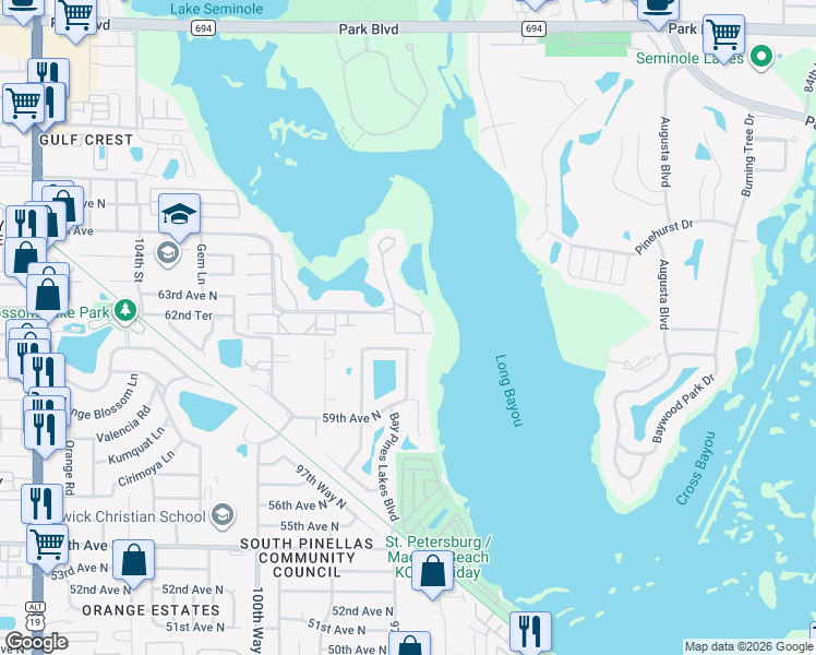 map of restaurants, bars, coffee shops, grocery stores, and more near 6301 Shoreline Drive in St. Petersburg