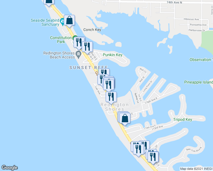 map of restaurants, bars, coffee shops, grocery stores, and more near 17823 Gulf Boulevard in Redington Shores