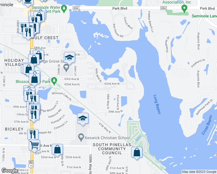 map of restaurants, bars, coffee shops, grocery stores, and more near 9860 62nd Avenue North in St. Petersburg