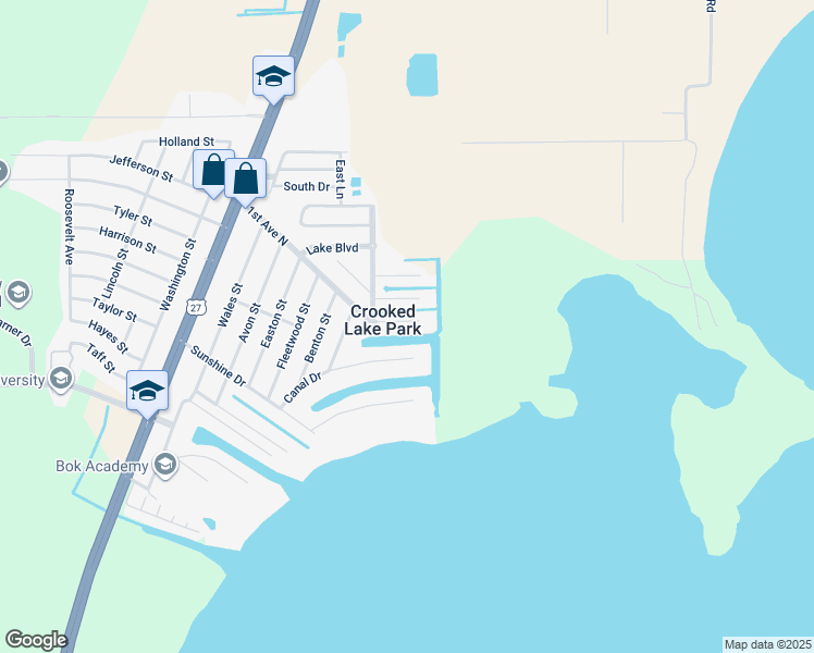 map of restaurants, bars, coffee shops, grocery stores, and more near in Crooked Lake Park
