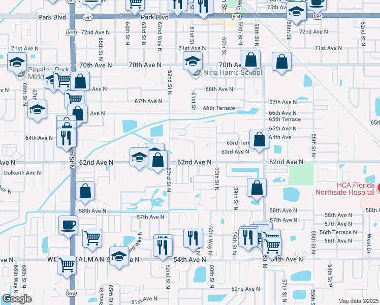 map of restaurants, bars, coffee shops, grocery stores, and more near 5255 62nd Street North in Pinellas Park