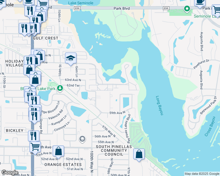 map of restaurants, bars, coffee shops, grocery stores, and more near 9860 62nd Avenue North in St. Petersburg