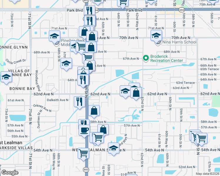 map of restaurants, bars, coffee shops, grocery stores, and more near 6203 64th Way North in Pinellas Park