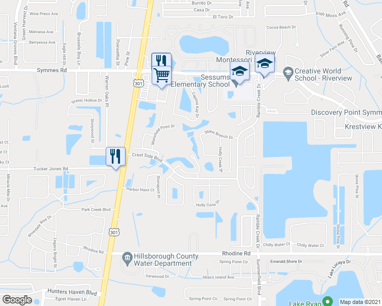 map of restaurants, bars, coffee shops, grocery stores, and more near 11094 Winter Crest Drive in Riverview