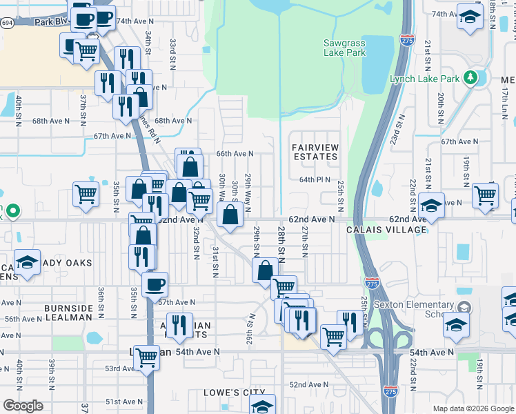 map of restaurants, bars, coffee shops, grocery stores, and more near 6226 29th Street North in St. Petersburg