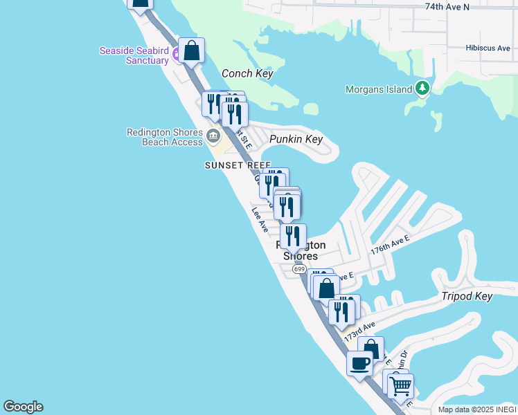 map of restaurants, bars, coffee shops, grocery stores, and more near 146 Coral Avenue in Redington Shores