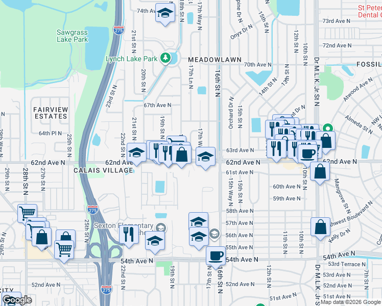 map of restaurants, bars, coffee shops, grocery stores, and more near 6301 17th Lane North in St. Petersburg