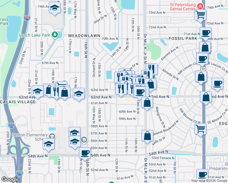 map of restaurants, bars, coffee shops, grocery stores, and more near 1200 63rd Avenue North in St. Petersburg