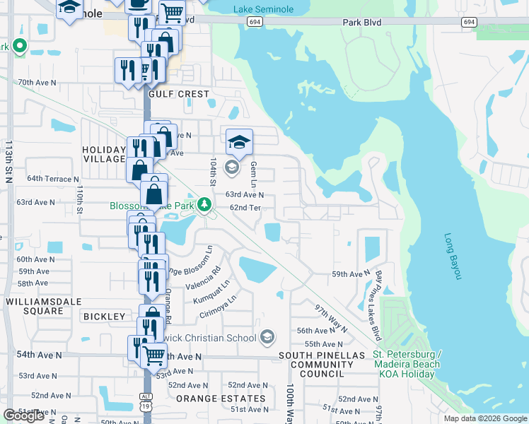 map of restaurants, bars, coffee shops, grocery stores, and more near 10199 62nd Avenue North in Seminole