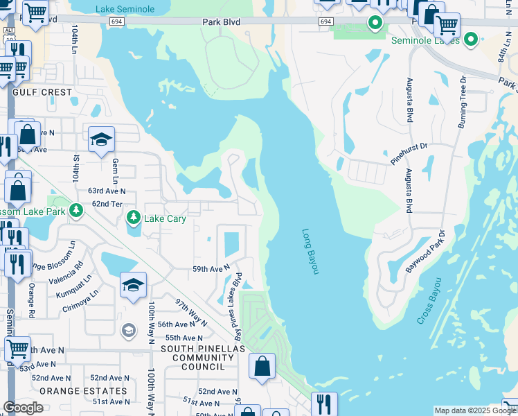 map of restaurants, bars, coffee shops, grocery stores, and more near 6251 Shoreline Drive in St. Petersburg