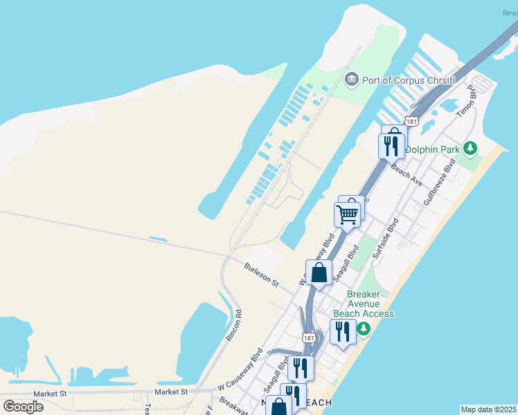 map of restaurants, bars, coffee shops, grocery stores, and more near 4201-4475 Rincon Road in Corpus Christi