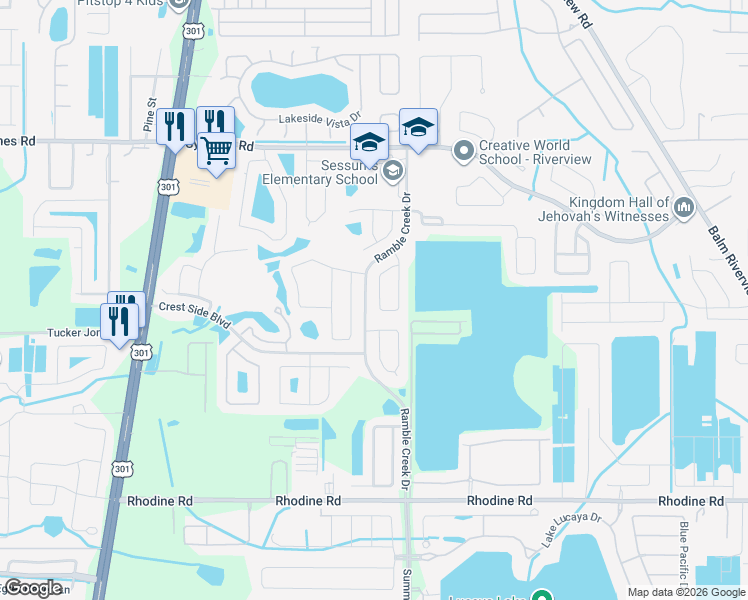 map of restaurants, bars, coffee shops, grocery stores, and more near 11722 Crest Creek Drive in Riverview