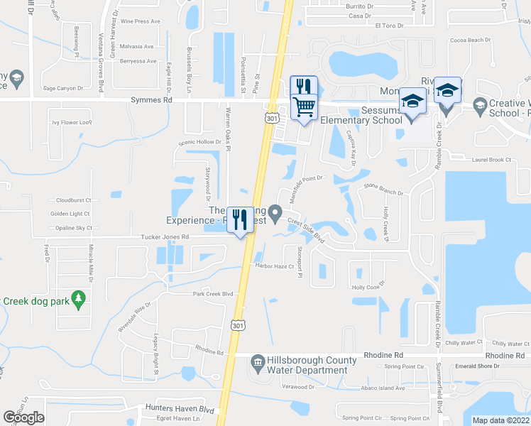 map of restaurants, bars, coffee shops, grocery stores, and more near 10704 River Hawk Lane in Riverview