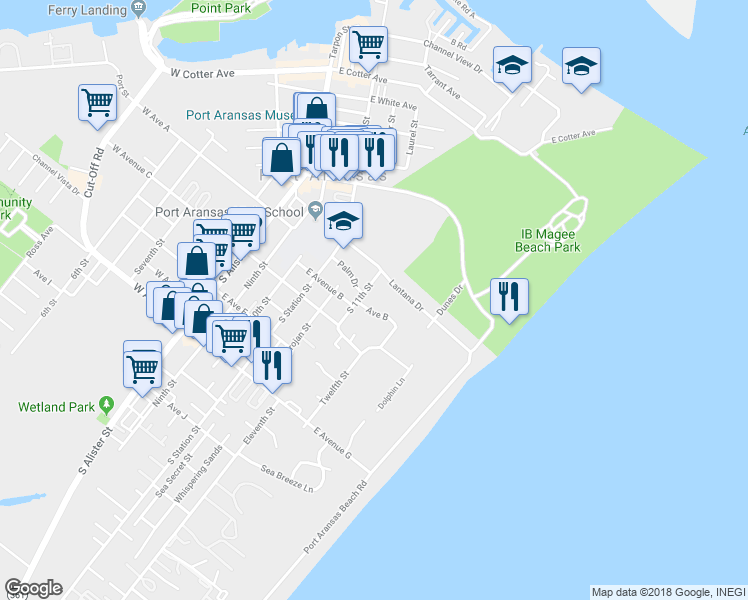 map of restaurants, bars, coffee shops, grocery stores, and more near 105 South 11th Street in Port Aransas