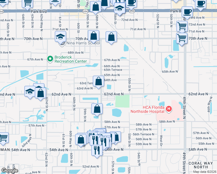 map of restaurants, bars, coffee shops, grocery stores, and more near 6301 58th Street North in Pinellas Park