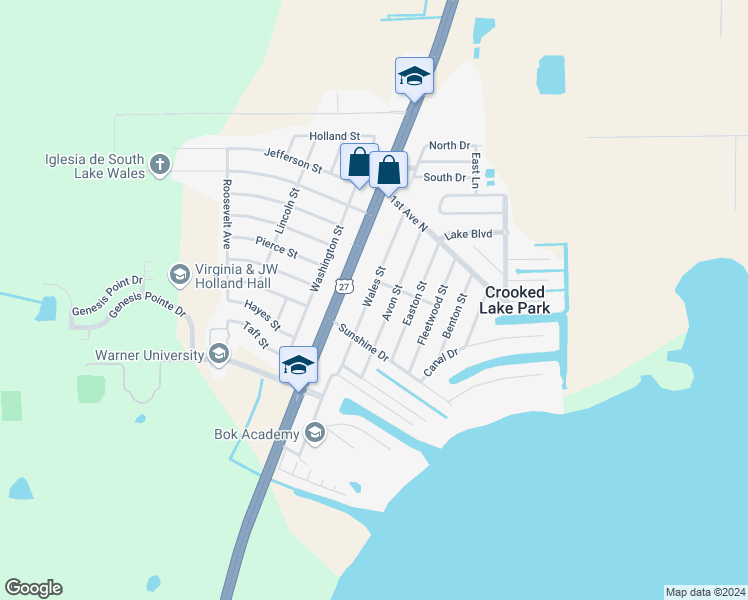 map of restaurants, bars, coffee shops, grocery stores, and more near 4832 Avon Street in Lake Wales